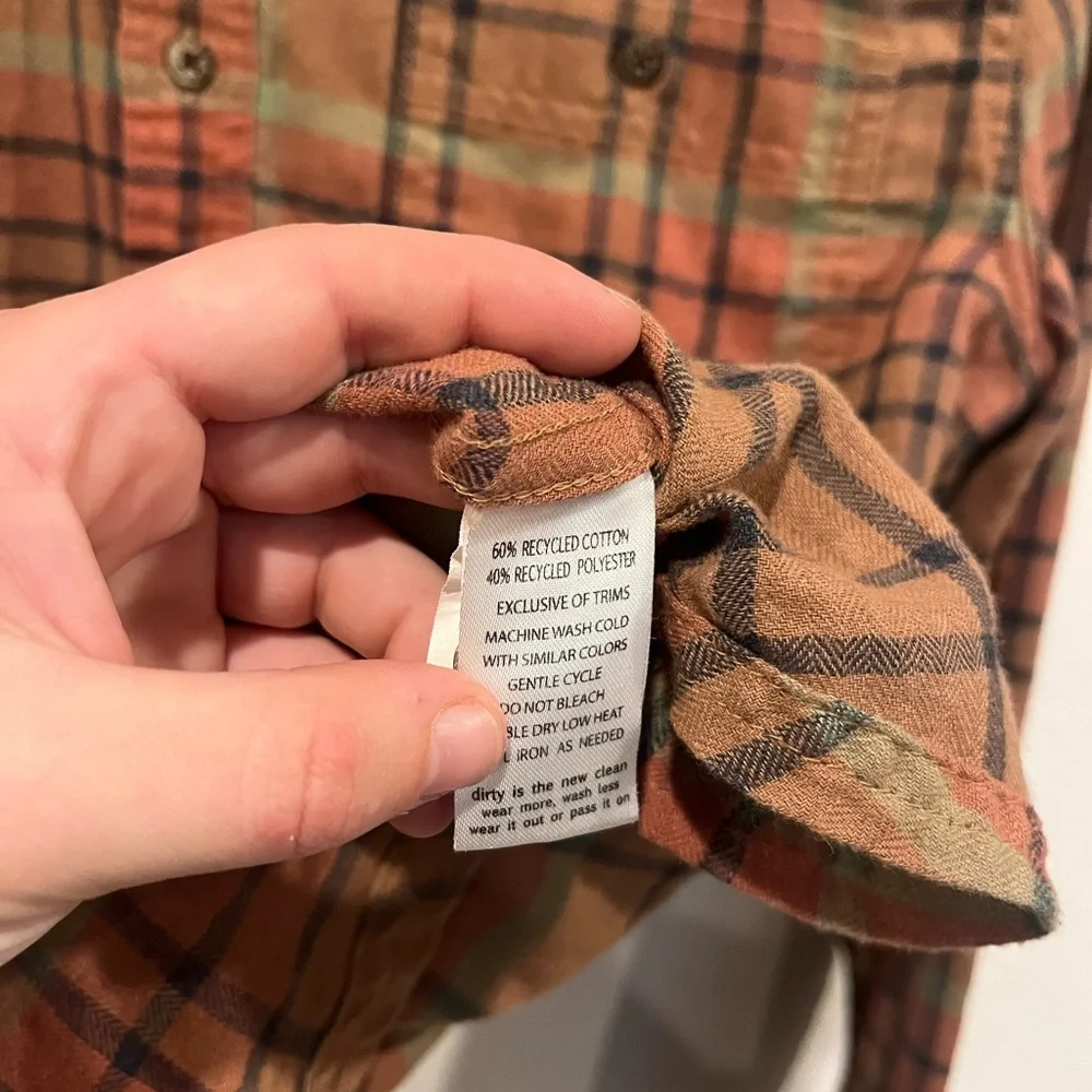 Toad & Co Men’s Large Tan Green Plaid Organic Cotton Blend Button Up Flannel EUC